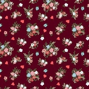 Retro Valentines Day Hearts and Floral Pink and Burgundy