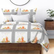 18” Fox + Bunny Pillow Front with dotted cutting lines, Nursery Bedding // Homer and Louise collection (pillow C w/ Candlestick border)