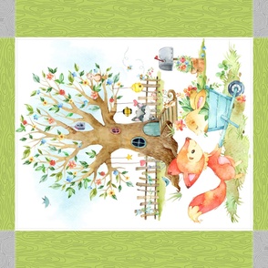 42” x 36” Blanket Panel w/ Fox + Bunny, Animal Friends Bedding // Homer and Louise collection in Spring Green - REQUIRES ONE YARD
