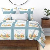 18” Fox + Bunny Pillow Front with dotted cutting lines, Nursery Bedding // Homer and Louise collection (pillow B w/ Tahoe Blue border)