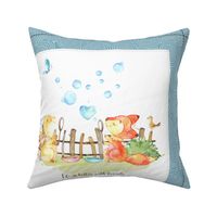 18” Fox + Bunny Pillow Front with dotted cutting lines, Nursery Bedding // Homer and Louise collection (pillow B w/ Tahoe Blue border)