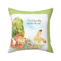 18” Fox + Bunny Pillow Front with dotted cutting lines, Nursery Bedding // Homer and Louise collection (pillow D w/ Spring Green border)