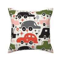 Hit The Road - Cars - Travel - Adventure Ivory Pink Red Green Large Scale