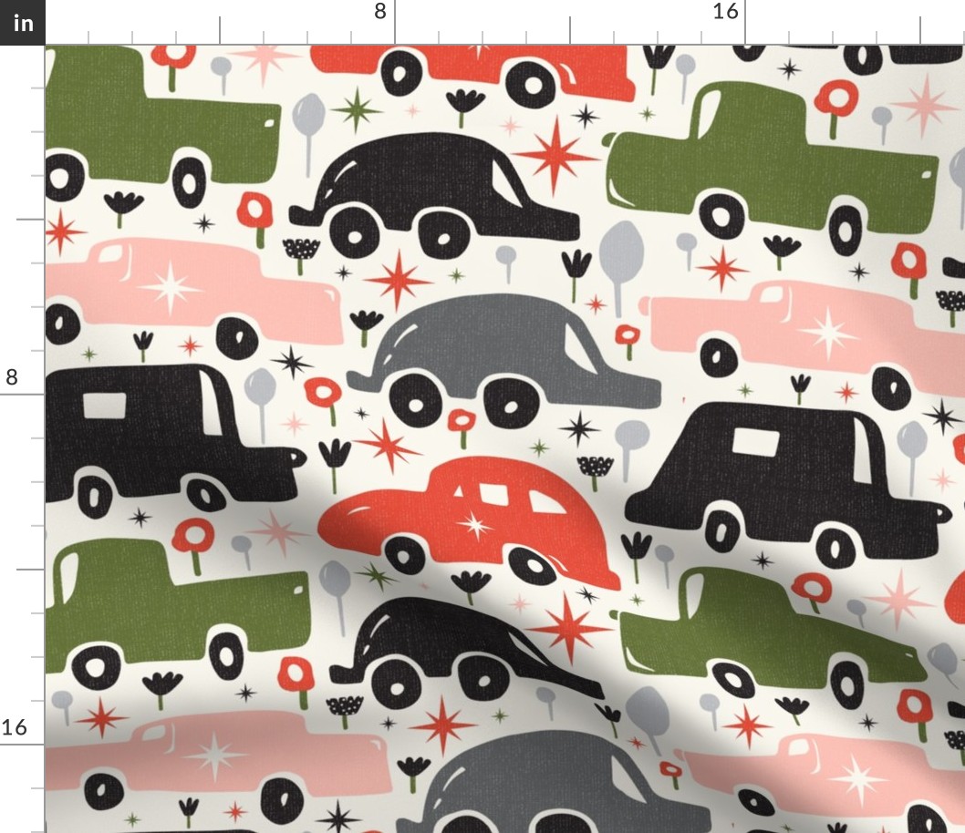 Hit The Road - Cars - Travel - Adventure Ivory Pink Red Green Large Scale