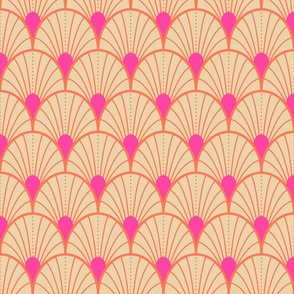 Bright spring scallop fans with dots - hot pink, papaya orange and sand - medium (4 inch W repeat)