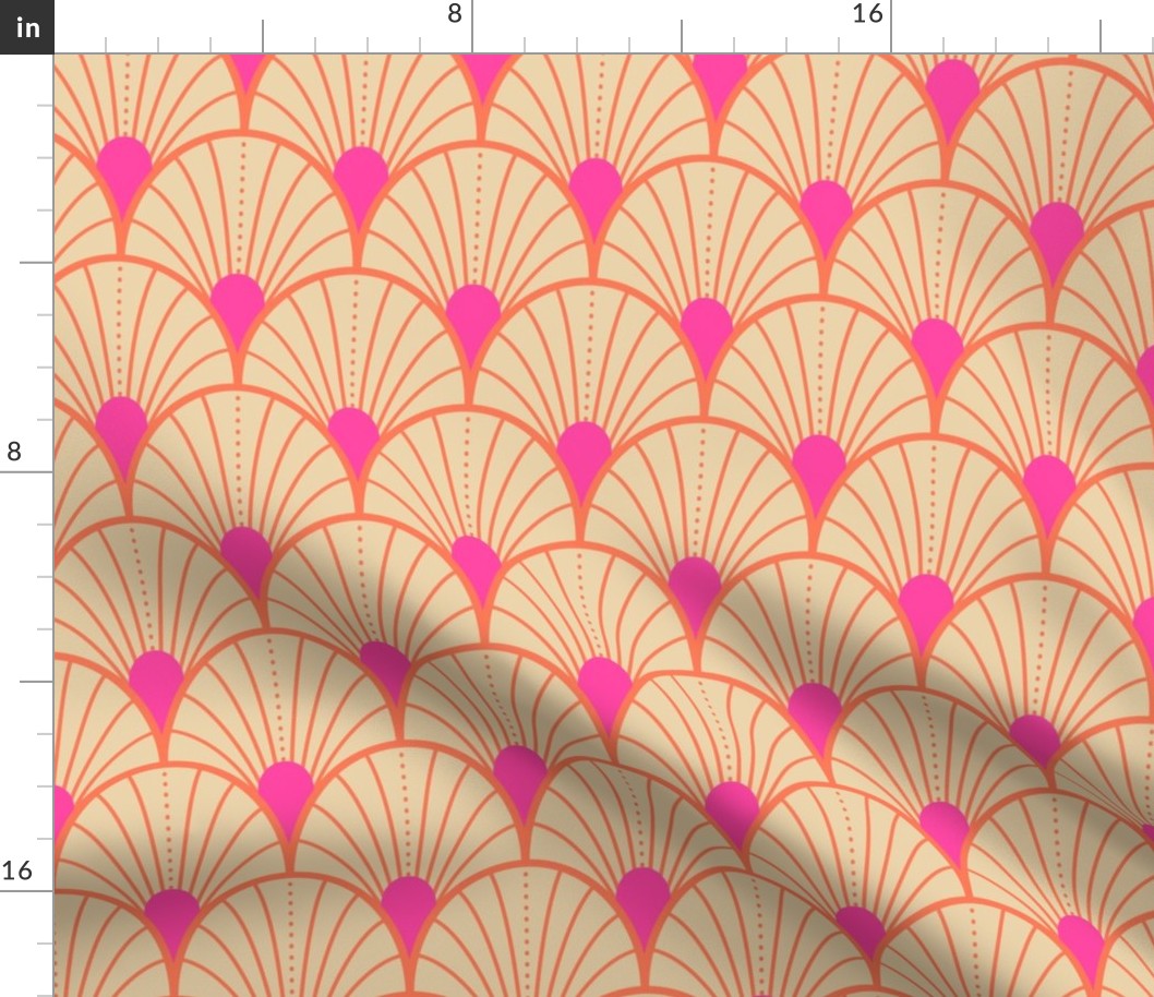Bright spring scallop fans with dots - hot pink, papaya orange and sand - medium (4 inch W repeat)