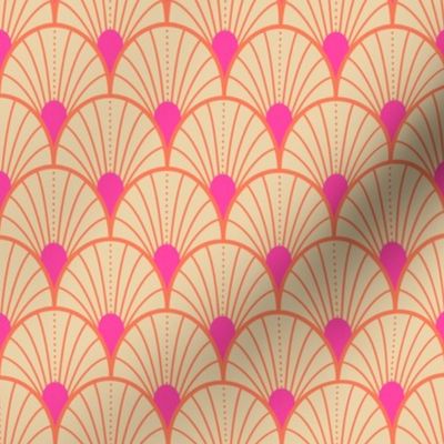 Bright spring scallop fans with dots - hot pink, papaya orange and sand - small (2 inch W repeat)