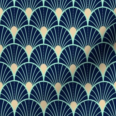 Bright spring scallop fans with dots - midnight blue, mint, and sand - small (2 inch W repeat)