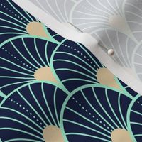 Bright spring scallop fans with dots - midnight blue, mint, and sand - small (2 inch W repeat)