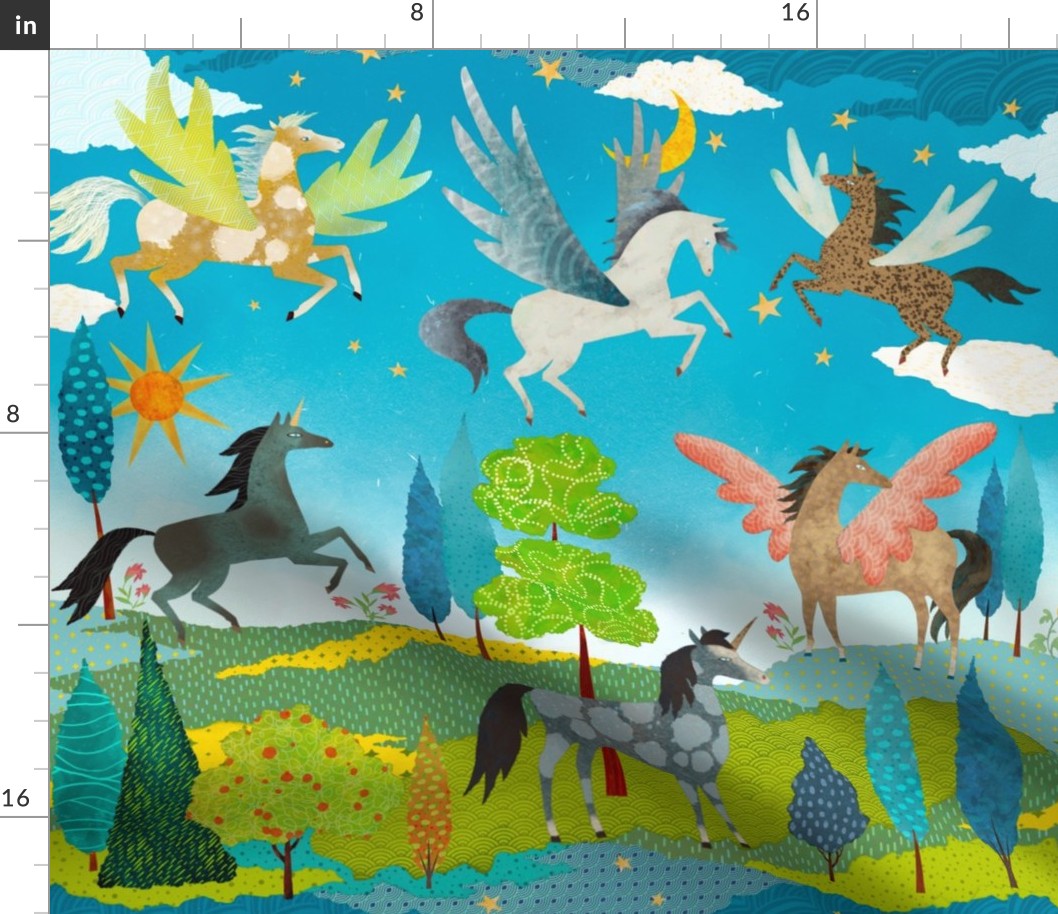 Enchanted Unicorn Garden - Larger Scale, Bright Landscape