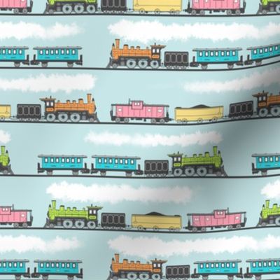 Vintage Pastel Trains on Sky Blue