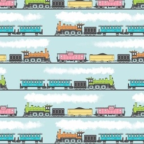 Vintage Pastel Trains on Sky Blue