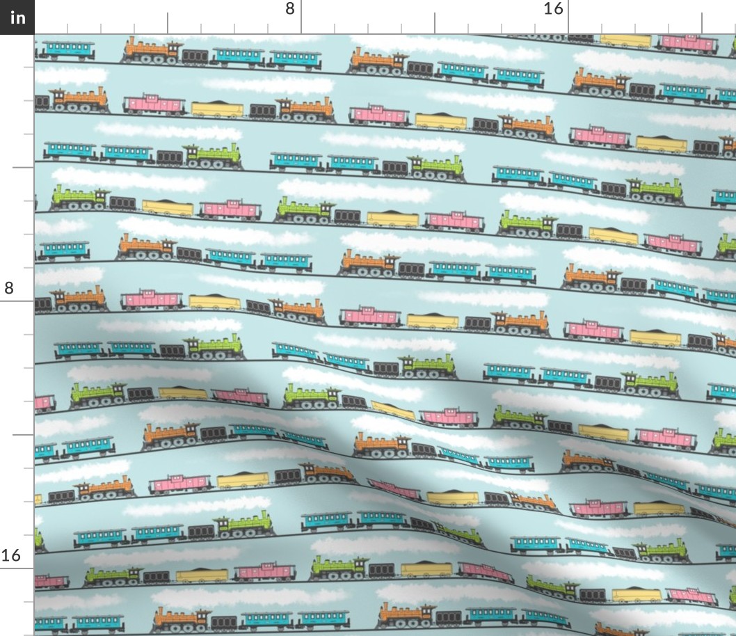 Vintage Pastel Trains on Sky Blue