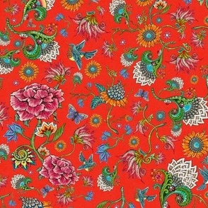 Fanciful Flower Garden w Peony - chili pepper red background