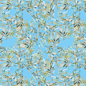 Palm Leaves Blue Green Hand painted large watercolor palm leaves fashion apparel quilting fabric wallpaper