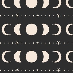 LARGE - Moon Phases and stars, cream on Black