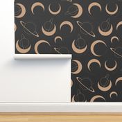 LARGE - Celestial Moons and planets, beige on a dark Black Background