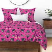 Berry-luscious Floral Botanical Damask with Summer Fruit Flowers Berries Raspberries Strawberries in Midnight Blue and Sand on Hot Pink - LARGE Scale - UnBlink Studio by Jackie Tahara