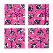 Berry-luscious Floral Botanical Damask with Summer Fruit Flowers Berries Raspberries Strawberries in Midnight Blue and Sand on Hot Pink - MEDIUM Scale - UnBlink Studio by Jackie Tahara