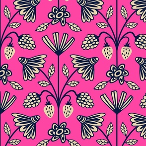 Berry-luscious Floral Botanical Damask with Summer Fruit Flowers Berries Raspberries Strawberries in Midnight Blue and Sand on Hot Pink - MEDIUM Scale - UnBlink Studio by Jackie Tahara