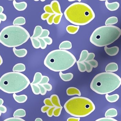 Block Print Nautical Mint and Chartreuse Fish with Fancy Plumed Tails in Periwinkle Water