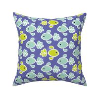 Block Print Nautical Mint and Chartreuse Fish with Fancy Plumed Tails in Periwinkle Water