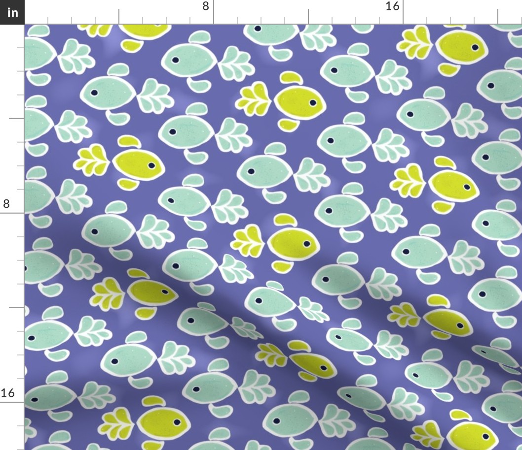 Block Print Nautical Mint and Chartreuse Fish with Fancy Plumed Tails in Periwinkle Water