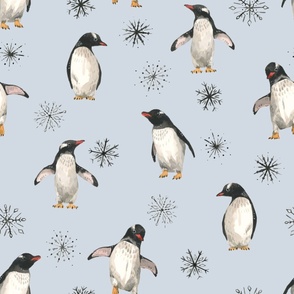 Penguin Buddies with Snowflakes on Pale Blue // Large