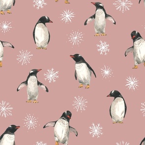 Penguin Buddies with Snowflakes on Pink // Large