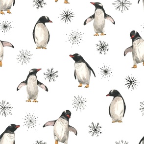 Penguin Buddies with Snowflakes on  White // Large