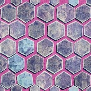 Hand printed hexagons on pink faux linen background small 6” repeat