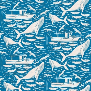 Deep sea fishing adventure block print, blue