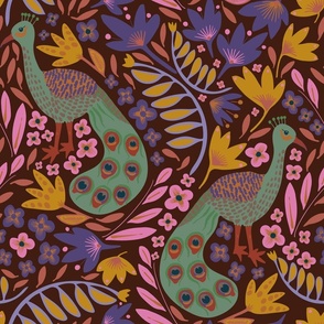 Peacocks brown and green - larger (fabric 18"- wallpaper 24") - A busy colorful boho folk floral design with peacocks and flowers galore.