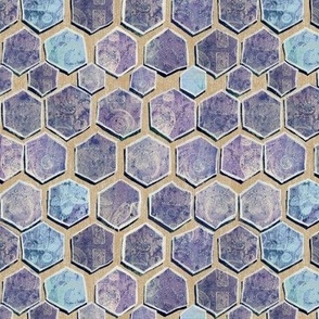 Periwinkle Hexagon cut outs hand printed mosaic on buff linen
