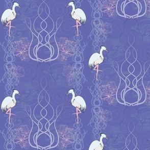 Art Nouveau Crane, Heron, Egret bird on periwinkle