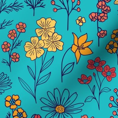 Vibrant Turquoise, Red & Orange Floral