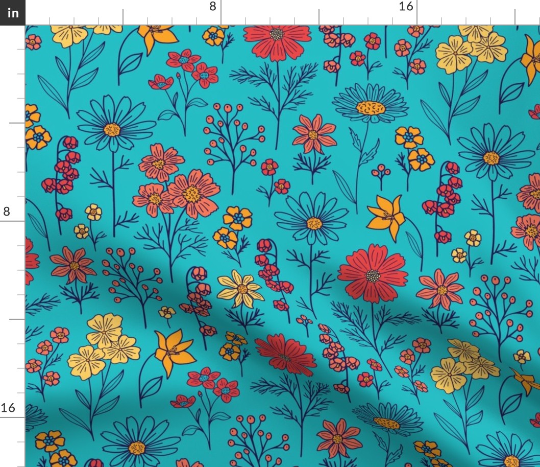 Vibrant Turquoise, Red & Orange Floral