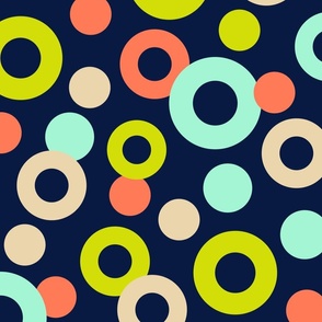 Drops Polka Dots Rings Abstract Geometric in Multi-Colours on Midnight Blue - LARGE Scale - UnBlink Studio by Jackie Tahara
