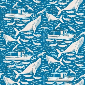 Deep sea fishing adventure block print, blue