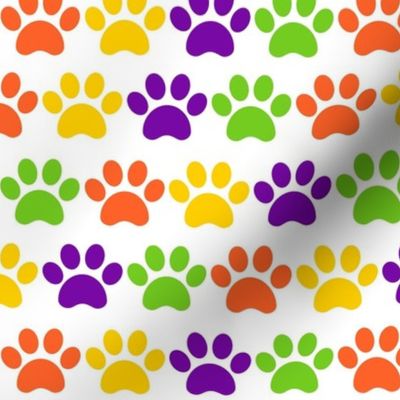 Medium Scale Paw Prints Dogs Cats Halloween Colors Lime Green Orange Yellow Purple on White