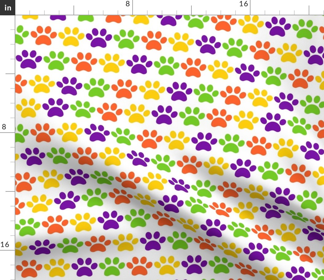 Medium Scale Paw Prints Dogs Cats Halloween Colors Lime Green Orange Yellow Purple on White