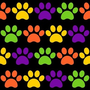 Large Scale Paw Prints Dogs Cats Halloween Colors Lime Green Orange Yellow Purple on Black