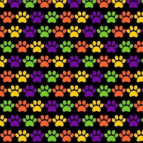Small Scale Paw Prints Dogs Cats Halloween Colors Lime Green Orange Yellow Purple on Black
