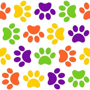 Large Scale Paw Prints Dogs Cats Halloween Colors Lime Green Orange Yellow Purple on White