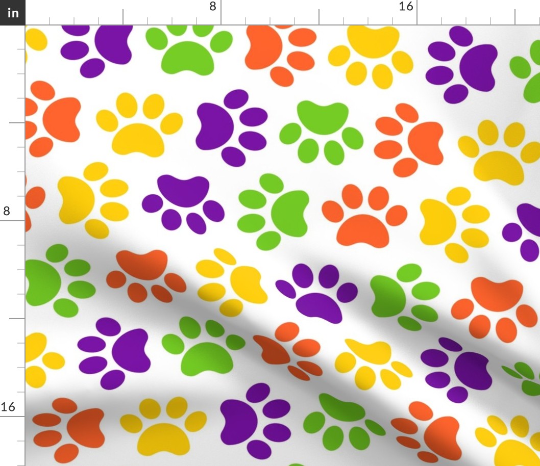 Large Scale Paw Prints Dogs Cats Halloween Colors Lime Green Orange Yellow Purple on White