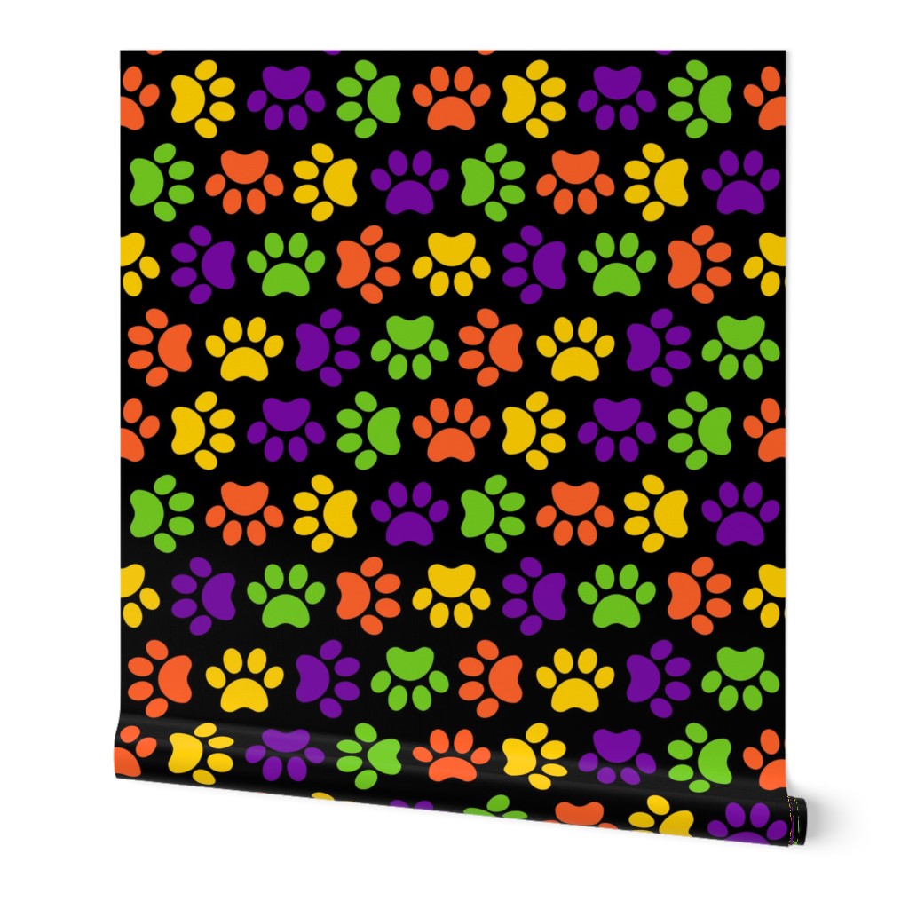 Large Scale Paw Prints Dogs Cats Halloween Colors Lime Green Orange Yellow Purple on Black