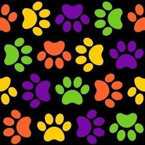 Medium Scale Paw Prints Dogs Cats Halloween Colors Lime Green Orange Yellow Purple on Black
