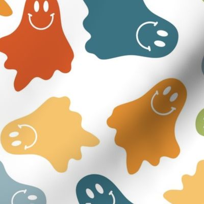Large Scale Groovy Halloween Retro Smile Face Ghosts on White 