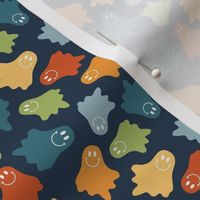 Small Scale Groovy Halloween Retro Smile Face Ghosts on Navy