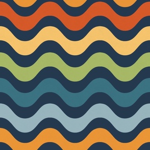 Large Scale Groovy Retro Rainbow Wavy Stripes Halloween Coordinate on Navy